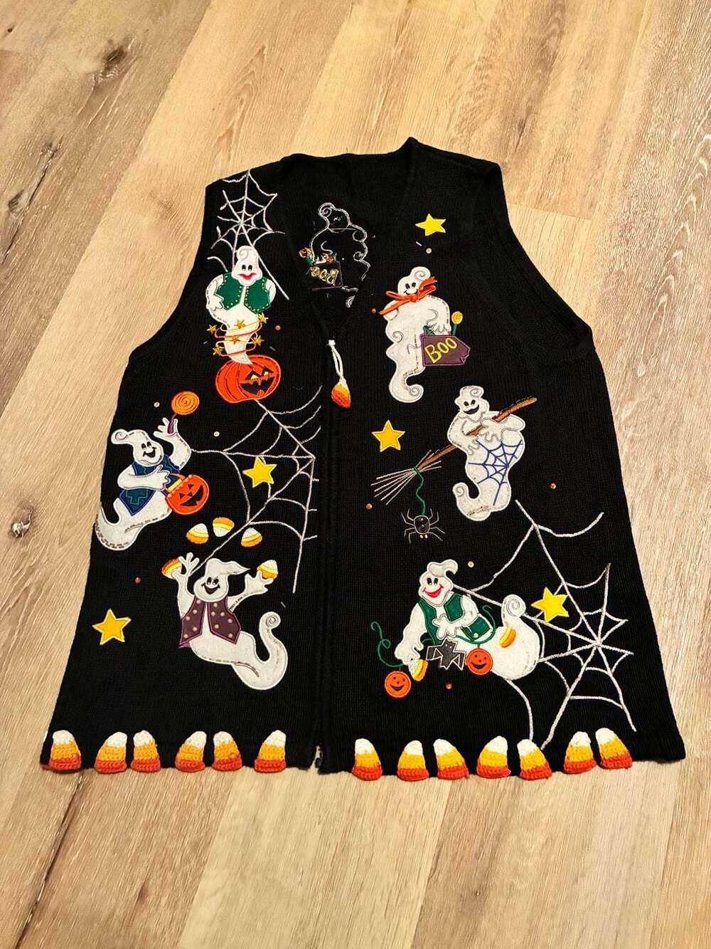 Tiara International Vintage Halloween Ghost and Candy Corn Knit Zip Vest